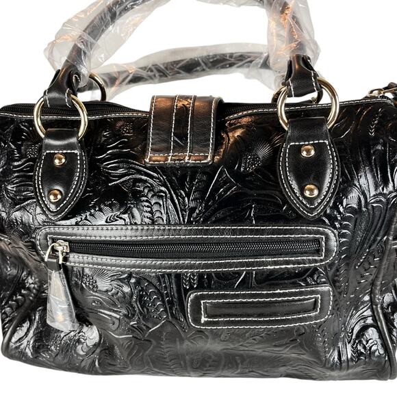 Madi Claire Black Tooled Leather Handbag Purse - Picture 7 of 11